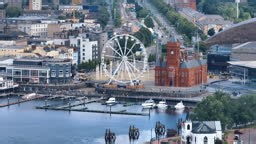 Aerial view of Cardiff Bay with the city centre in the background