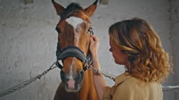 Lady rider stroking stallion at cozy paddock closeup. Gentle woman...