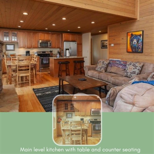 Welcome to the grand oasis where living, dining, and cooking collide in a fabulous open space! Gather 'round the table for six or pull up a stool at the counter for two—plenty of room for your crew! Decked out in modern-rustic charm, this space boasts a cozy sofa/loveseat, stunning hardwood floors, and a stone gas-log fireplace. Stream your favorite shows on the smart-enabled TVs—just bring your own login and let the binge-watching commence. Oh, and did we mention the half-bath right off the liv