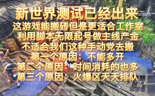 新世界：更适合工作室脚本量产金币刷主线就能产出金币，然后交易到一个号上以此重复无限刷直接可实现量产，但不适合手动搬砖党
