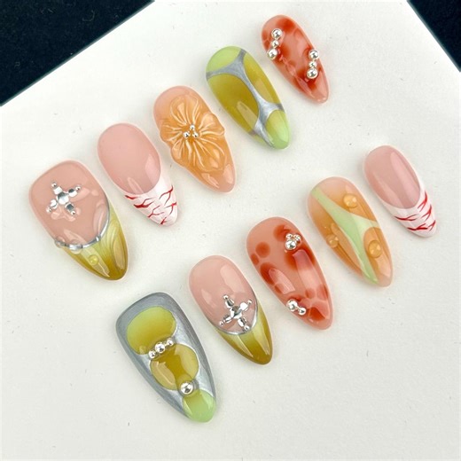 Nude Pink Base Press on Nails/caramel Brown Nails/cream Orange Nails/silver Metal Accent Nails/bold Color Block Nails/artistic Nails - Etsy