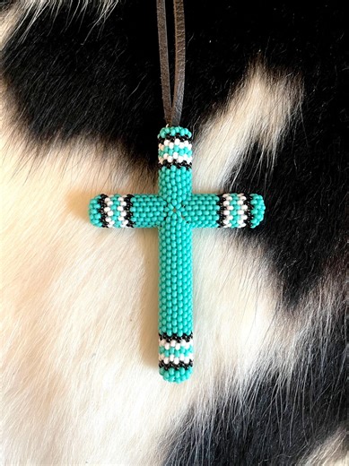 Beading Pattern - Beaded Cross Pattern 2 Round Seed Beads, Even Count Tubular Peyote Stitch, Turquoise, Black, White. Rearview Mirror Hanger - Etsy