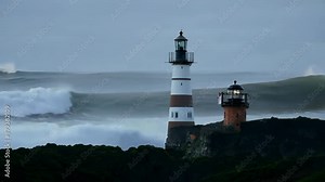 Coastal lighthouse during stormy weather with crashing waves