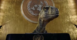 Un dinosaurio irrumpió en la ONU: el original video que advierte a la humanidad de una posible extinción