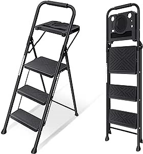 KINGRACK 3 Step Ladder with Tool Tray, Step Stool Folding with Anti-Slip Wide Pedal and Handrails, Lightwight Household Ladder for for Kitchen, Pantry, Office Use, Pass 900LBS Testing