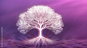 A stylized tree with glowing branches and roots, set against a soft, colorful background.