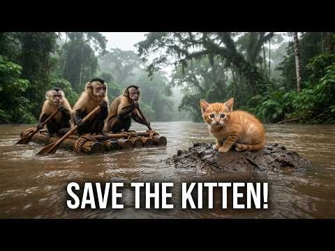 Smart Monkeys Build a Boat and Rescue a Kitten from Floodwater! 🐒🚣‍♂️🐱