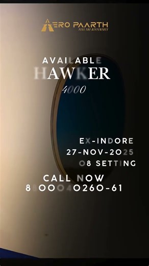 Hawker 4000 available today Ex Indore. DM to book! +91 8800040260–61 | aeropaarth.com