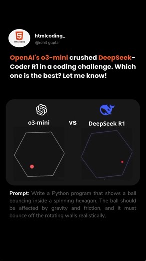 Htmlcoding 🇬🇧🇪🇺 on Instagram‎: "o3-mini: The New Coding Beast! OpenAI’s o3-mini just outperformed DeepSeek R1 in a coding challenge! 🔥 It tackled a complex prompt involving physics and animation with precision, proving that AI coding is evolving fast. Is this the future of AI-powered development? 🤖💡 For Spanish Speakers: ¡O3-Mini: La nueva bestia del código! ¡El o3-mini de OpenAI acaba de superar al DeepSeek R1 en un desafío de programación! 🔥 Resolvió un problema complejo que involucrab