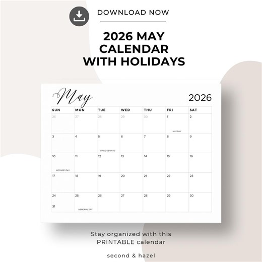 May 2026 Calendar Printable, Month of May Landscape, Minimal, Sunday Start, Modern Template, 8.5x11 Orientation, Wall Calendar PDF - Etsy
