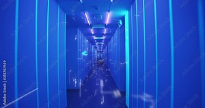 Big Data, AI, Machine Learning, Computer Vision and Digital Transformation Animated Text Appearing inside Corridor with Glowing Neon Lights. Interior glittering blue. Abstract flight in Cyber Space.