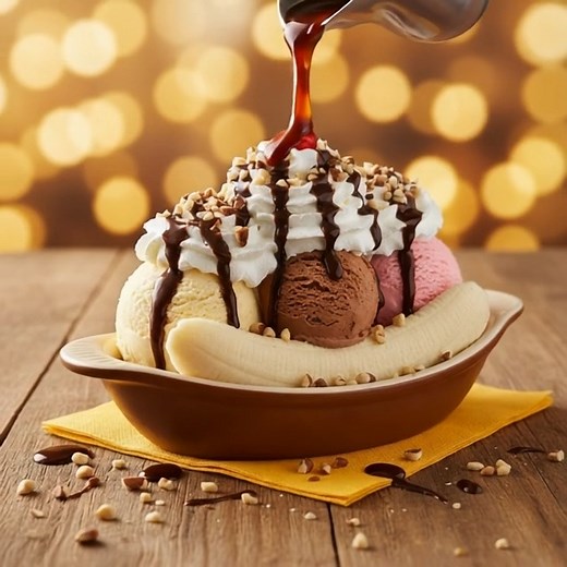 🍌 Classic Banana Split Sundae 🍨 A timeless ice cream dessert that never goes out of style — creamy, colorful, and completely irresistible! ✨ Ingredients: 1 ripe banana 🍌 (split lengthwise) 1 scoop each of vanilla, chocolate, and strawberry ice cream 🍦 Whipped cream Chocolate syrup 🍫 Crushed nuts or almonds 🌰 1 maraschino cherry 🍒 🔥 Instructions: Place the split banana halves along the sides of a long dish. Add the three scoops of ice cream between the banana slices. Top each scoop with w