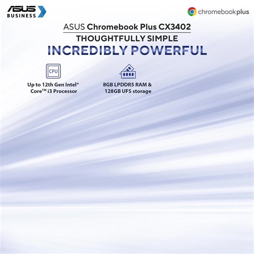 Experience enhanced productivity with ASUS Chromebook Plus CX34! Powered by up to 12th Gen Intel® Core™ i7 processor coupled with up to 16 GB LPDDR5 RAM & 512 GB PCIe NVMe SSD storage, enjoy seamless cloud integration, secure automatic updates, top-tier Titan C security, and built-in Linux PC app support. Plus, with a 180° ErgoLift hinge and backlit keyboard, it's your ultimate work companion! Buy Now: https://in.asus.click/cx3402 To Know More Visit: https://in.asus.click/india_Cx3402 #ASUS #ASU