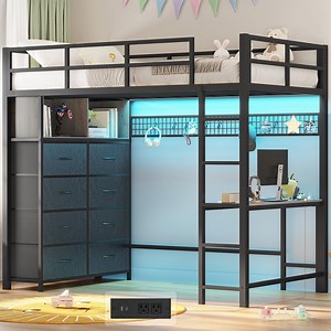 Afuhokles Twin Size Loft Bed with Desk and 8 Storage Drawers and Charging Station, Metal Loft Bed Twin with LED Lights, Storage Shelves, Gray