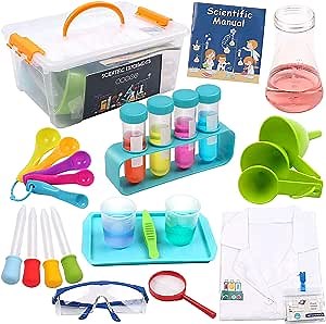 Kids Science Experiment Kit with Lab Coat, 28 Pcs STEM Educational Toys Gift with Storage Box, Scientist Role Play Toy for Boys Girls Age 5-11