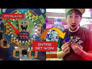 JACKPOT! 777 Plays on the Spongebob coin pusher and winning an ENTIRE SET! | We won the SUPER BONUS!