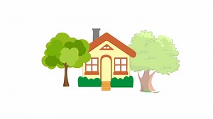 Download 4K animation of house with trees and fence. house animated motion graphic with white background for free