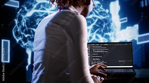 Proactive IT consultant writing artificial intelligence script code in startup workspace on tablet terminal. Competent inspector doing maintenance work in high tech facility updating AI systems