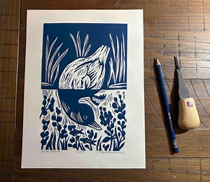 Duck Pond Linocut Block Print in Blue, Original Wall Art Print for Nature Lover - Etsy UK