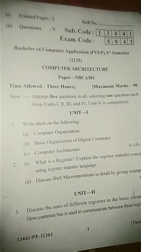 computer architecture (ca) bca 3rd sem. examination paper