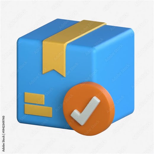 3D rendering of a blue box with a check mark icon indicating that the product stock is currently available