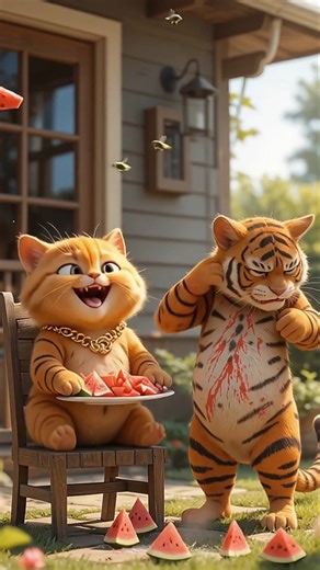 AI Fat Orange Cat’s Watermelon Revenge on Tiger 🐯💥 #cats #catshorts #catvideos #funny #cartoon #cat