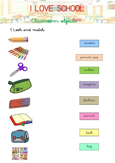 Classroom objects I love school worksheet