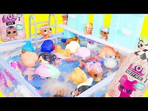 LOL Surprise Dolls Mix Pool Party with Lil Sister Fuzzy Pets | Toy Egg Videos