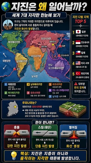 🌍 지진은 왜 생길까? 세계 7대 지각판 한눈에 정리! #지진 #지각판 #세계지도 #과학상식 #자연재해 #대한민국 #화산 #쇼츠 #인포그래픽 #상식