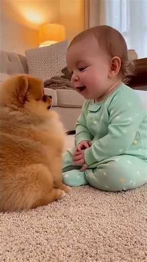 Baby Can't Stop Laughing at Fluffy Pomeranian 😂🥰
