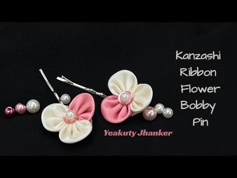 How to Make Kanzashi Flower Bobby pin with Off-White & Pink Satin Ribbon. Easy handmade accessories.