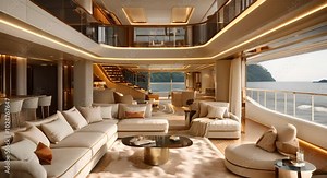 Luxurious Yacht Interior with Ocean View and Modern Furnishings
