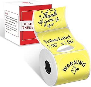 Phomemo Thermal Sticker Label for M110/M100/M220/M250/M108 Label Printer, 1.96" x 1.96"(50x50 mm), Black on Yellow, 140 Labels/Roll, for Barcode/Address/Mailing/Logo/Business/Home Tag