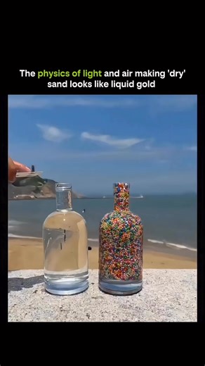 Education | Science | Facts on Instagram: "1. It Looks Wet… But It’s Not: That golden, flowing effect happens even when the sand is completely dry. 2. Light Is the Key: Sunlight reflects off millions of tiny grains at different angles, creating a shimmering glow. 3. Air Between Grains: Dry sand has air trapped between particles, letting them move freely like a fluid. 4. Granular Flow: Sand behaves like a solid and a liquid — depending on how it’s disturbed. 5. Surface Reflection: The curved surf