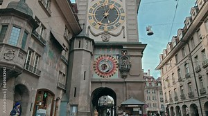 Zytglogge Cultural landmark - a Swiss Mechanical clock tower and astrolabe Clock. The architecture of the beautiful medieval Tower with a big clock in Bern, Switzerland.