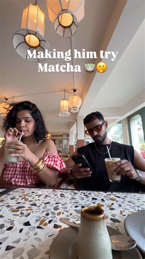 Mahi Bakshi on Instagram: "Where are my strawberry Matcha girlies at? 🍓🫢😂 . . . ( my boyfriend tries matcha for the first time, couple reels, funny, couple videos) . . . . . #explorepage #fypシ #reelsinstagram #reels #reelitfeelit #explore #outfit #matcha #funnyvideo #relatable #couple"
