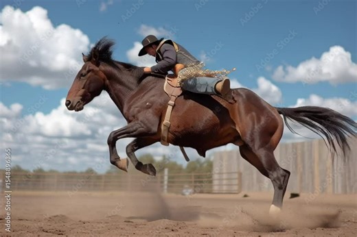 A cowboy rides a bucking bronc horse in slow motion, full of grit, strength, and classic rodeo action.