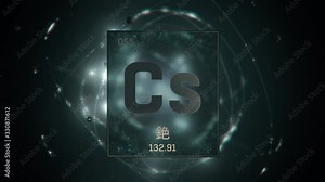 Cesium as Element 55 of the Periodic Table. Seamlessly looping 3D animation on green illuminated atom design background orbiting electrons name, atomic weight element number in Chinese language