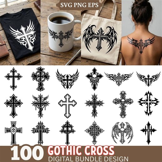 Gothic Cross SVG Bundle, Dark Cross Clipart Set, Christian Tattoo Design PNG EPS, Tribal Winged Cross Digital Download for Cricut - Etsy