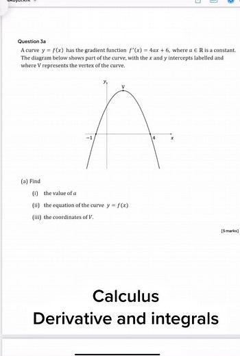 IBDP AA SL (IB Analysis and Approaches Standard level) calculus question. Find the function using integral when the derivative is known then use it to calculate the area under the curve. #Learnmath #IBDP #calculus #testpreparation #integration #derivatives #areaunderthecurve