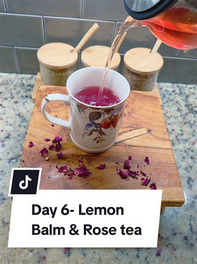 Day 6- Lemon Balm & Rose Tea 2 of my favorite herbs TOGETHER! Recipe : 1 part dried Rose petals 2 parts lemon Balm - cover with hot water and allow to steep for 8 to 10 minutes -sweeten with local honey - strain and serve #nocoffee #tea #rose #lemonbalm #herbalism