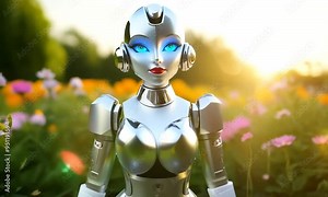 Female AI robot talks, looks at camera. Realistic 3D computer generated humanoid cyborg in futuristic metaverse cyberspace. Innovative future technology with artificial intelligence. Chatbot program