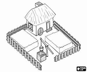 A farm house with a water well coloring page printable game
