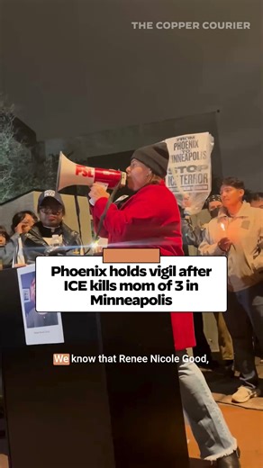 Activists held a vigil on Wednesday night outside the ICE Field Office in Downtown Phoenix to honor Nicole Renee Good, a 37-year-old US citizen who was shot and killed by an ICE agent in Minneapolis earlier in the day. | The Copper Courier