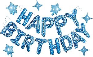 HiParty 24pcs Blue Point Happy Birthday Banner & Balloons, 3D Mylar Foil Star & Letter Balloons for Men Women Adults Kids, Ecofriendly Party Supplies
