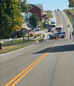 Three days ago I posted a video of the produce display at Miller's Buggy Shop. This afternoon we came across an accident there, at the CR77 TR629 intersection, several miles north of Berlin Ohio. There appeared to be an SUV and a car involved, both pretty banged up. An ambulance departed the scene just as we arrived. East Holmes Fire & Rescue was on the scene. I have no details. I'm sure someone can update. I try to be very careful when traveling TR629 as there are visual obstructions when cross