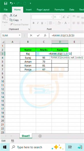 Find Class Topper in Excel using RANK Formula 😮🔥 #excel #shorts
