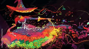 The figure of a witch crafted from colorful threads is depicted abstractly and dynamically using glitch art techniques, creating a visual that evokes magic and movement.