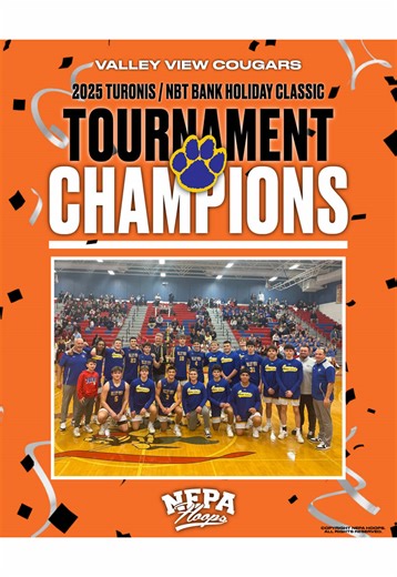 🏆 COUGARS FOUR-PEAT AT TURONIS, STAY PERFECT AT 9–0 🐾 Valley View completed a four-peat at the Pete Turonis / NBT Bank Holiday Classic, rallying for a gritty 46–43 comeback win over Mid Valley to remain unbeaten at 9–0 on the season. The Cougars now tie Riverside for the best overall record in District 2, continuing an impressive start under head coach Mike Kurpis. In a low-scoring, physical battle, Valley View trailed entering the fourth quarter before flipping the script with a 16–10 closing