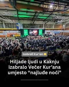 Hiljade građana Kaknja dočekalo je 31. decembar uz Večer Kur’ana u Sportskoj dvorani, birajući duhovnost, zajedništvo i poruke mira umjesto novogodišnjih proslava. Kakanj je i ove godine, 31. decembra 2025., poslao snažnu i jasnu poruku, dok su u mnogim gradovima trajale pijanke i dočeci Nove godine, hiljade ljudi okupile su se u Sportskoj dvorani Kakanj kako bi “najluđu noć” provele uz Kur’an, dovu i duhovno zajedništvo, piše 072info. Tradicionalna manifestacija Večer Kur’ana – “Svjetlo Kur’ana
